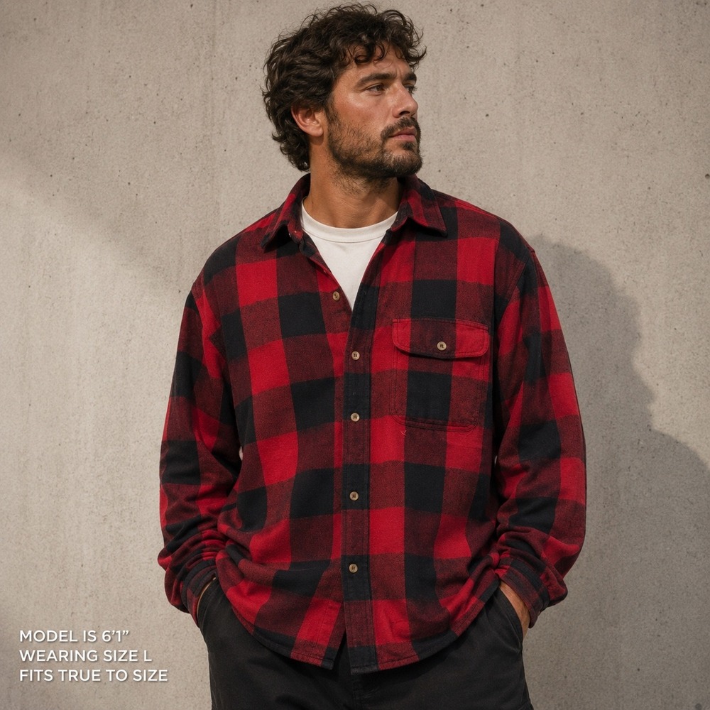 Old Mill Mens Buffalo Plaid Flannel Shirt Red Black Long Sleeve Button Down‎ XL